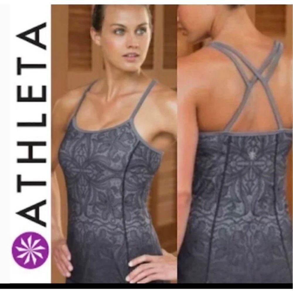 EUC Athleta Harmonious Gray Black Lace Pattern Strappy Yoga Top Tank XXS